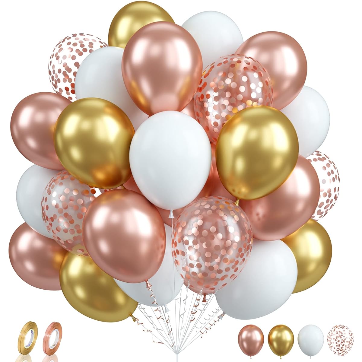 Biapian Rose Gold Balloons Set, 60PCS Rose Gold and Gold Birthday Balloons, 12 Inch Metallic Gold White Latex Balloons Rose Gold Confetti Balloons for Girls Women Birthday Baby Shower Wedding Supplies