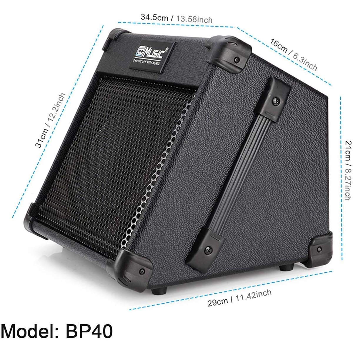 Coolmusic Battery Powered Acoustic amplifier, Acoustic guitar amplifier with BT, compact, lightweight design, 40W high output, 3 channels, 2 band EQ, black