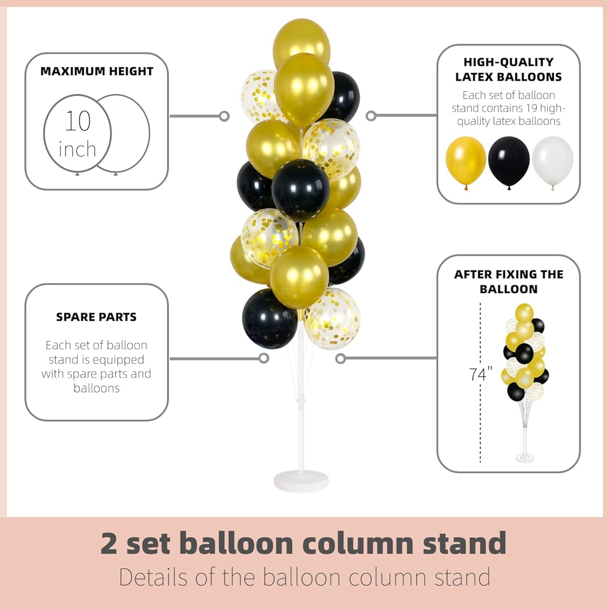 Balloon Column Kit with Balloons, Set of 2 with Base and Pole, Balloon Tower Backdrop Decoration for Wedding, Baby Shower, Birthday Party, Bachelorette Party (Black Gold)