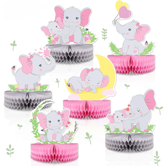 6pcs Pink Elephant Honeycomb Centerpieces Baby Girls It's A Girl Table Decorations Pink Tiny Peanut Cutouts Pink Elephant Theme Baby Shower Birthday Party Supplies