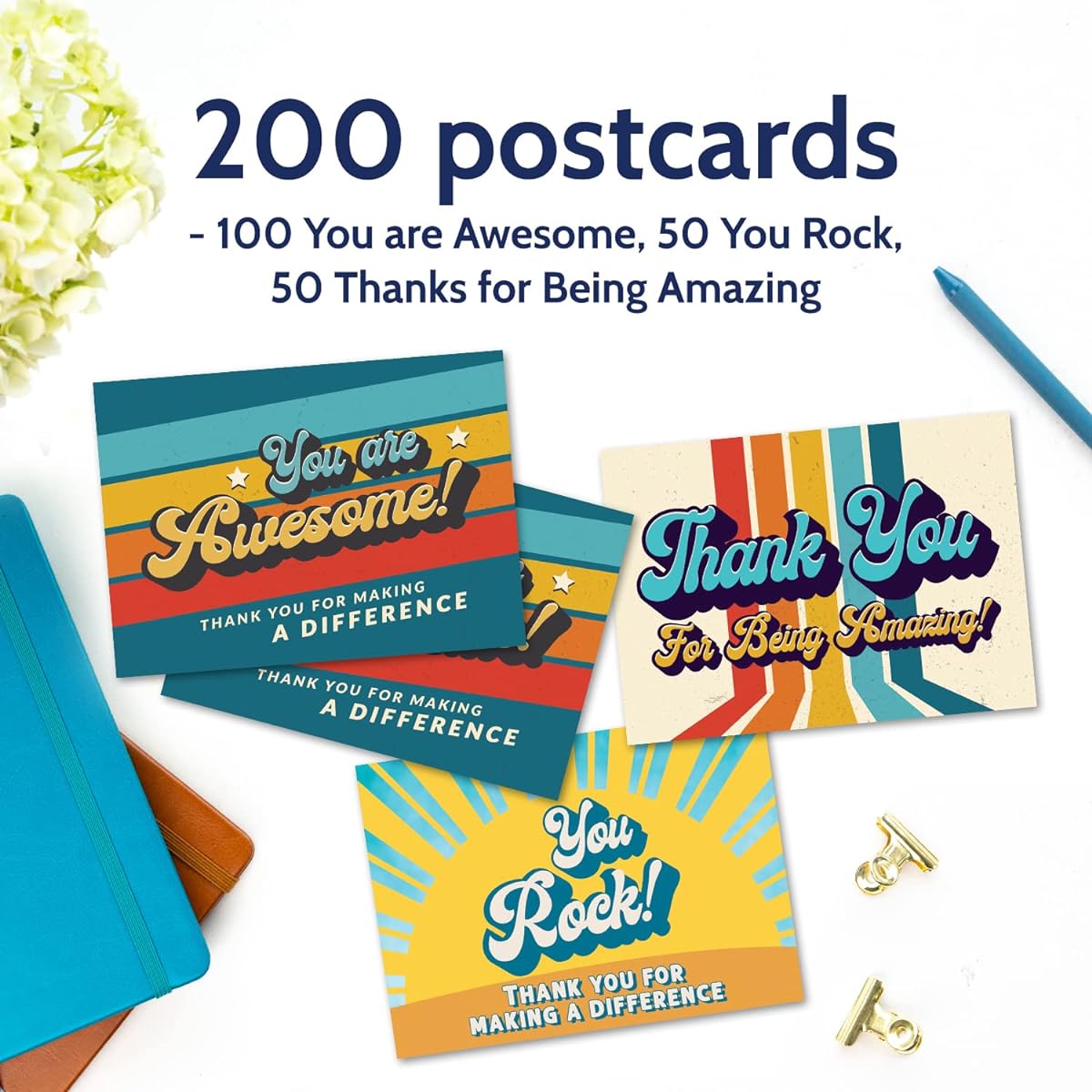 T MARIE 200 Thank You Postcards - Retro 4" x 6" Thank You Cards for Customer Service, Team, Employee Appreciation, Nurses, Teachers, Student Recognition