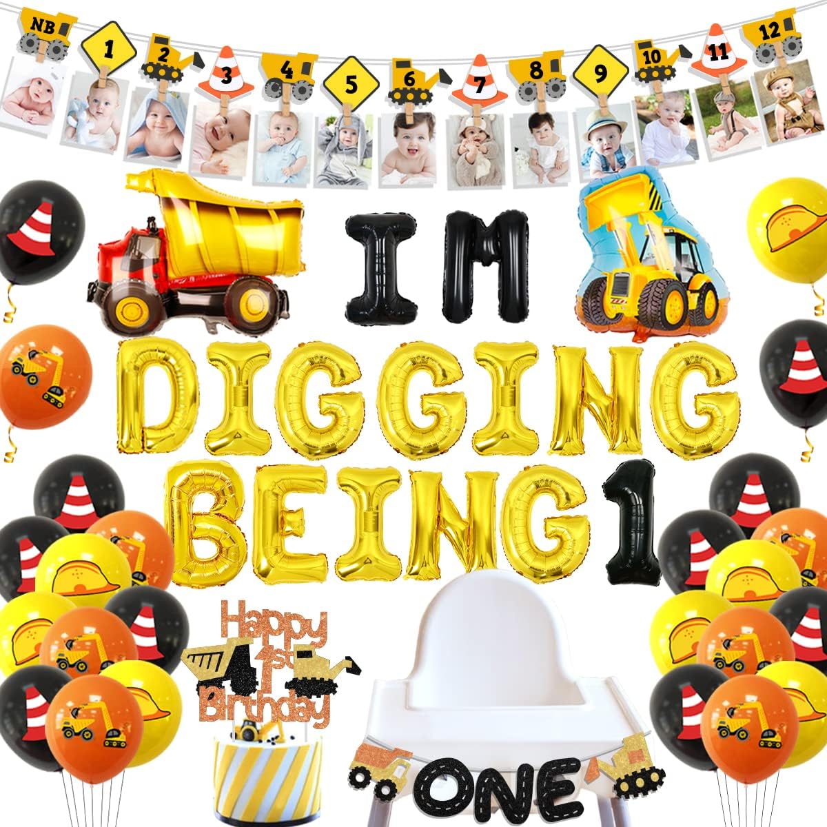 Construction 1st Birthday Party Decorations for Boys Im Digging Being 1st Birthday Decorations Dump Truck Decorations for 1 Year Old Boys Construction Bday Photo Banner Cake Topper Dump Truck Highchair Banner