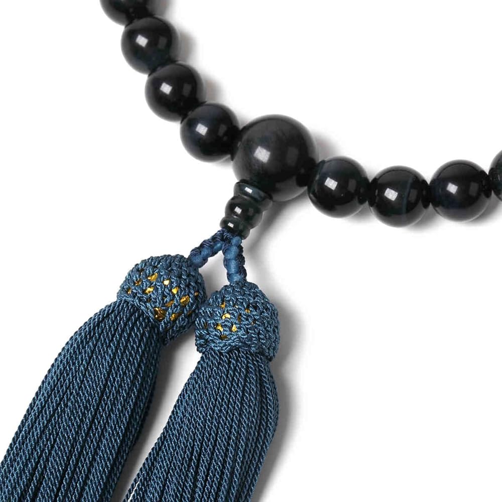 Prayer beads made in Japan, Blue tiger eye stone <Bead bag included> Pure silk tassel (100% silk) For men Can be used by all denominations Handmade Prayer beads Made in Japan [Long-established Prayer beads manufacturer founded over 80 years]
