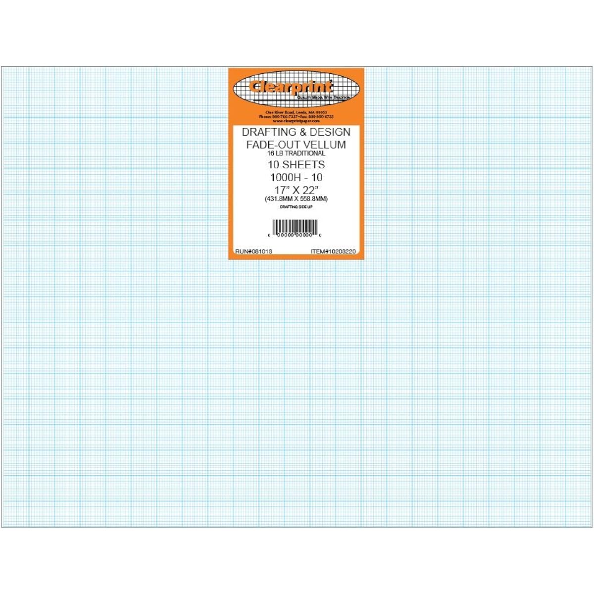 Clearprint Vellum Sheets with 10x10 Fade Out Grid, 17x22 Inch, 16lb 60GSM, 1000H 100% Cotton, Pack of 10, Translucent White (10203220)