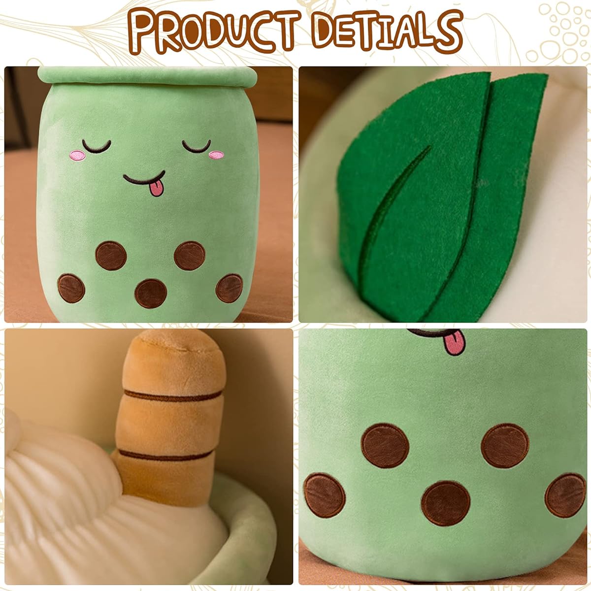 Deaboat 20" Boba Plush Pearl Milk Tea Cup Stuffed Animal Pillow Cute Cartoon Bubble Plush Toy with Suction Tube for Girls Kids