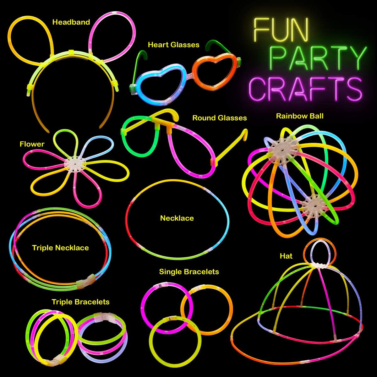 Dragon Too Glow in The Dark Party Supplies 605 Pieces Necklaces Bracelets Glasses Heart Glasses Hats Headbands Balls with Connectors to Make Flowers Glow in the Dark Party Favors