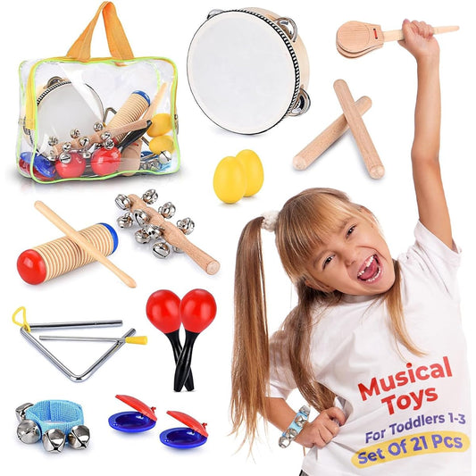 21 Piece Early Childhood Educational & Musical Percussion Instrument Set for Kids & Children – Includes Tambourine, Maracas, Castanets & More – Promotes Fine Motor Skills, Enhances Hand-Eye Coordination,