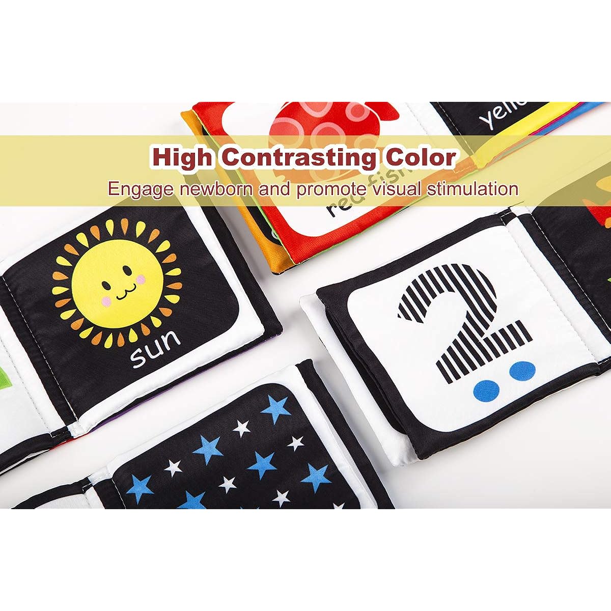 Baby First Soft Activity Cloth Book Set - High Contrast Black and White Interactive Crinkle Soft Book Bundle for Toddlers, Early Education, Brain Development - Numbers, Words, Shapes, Colors