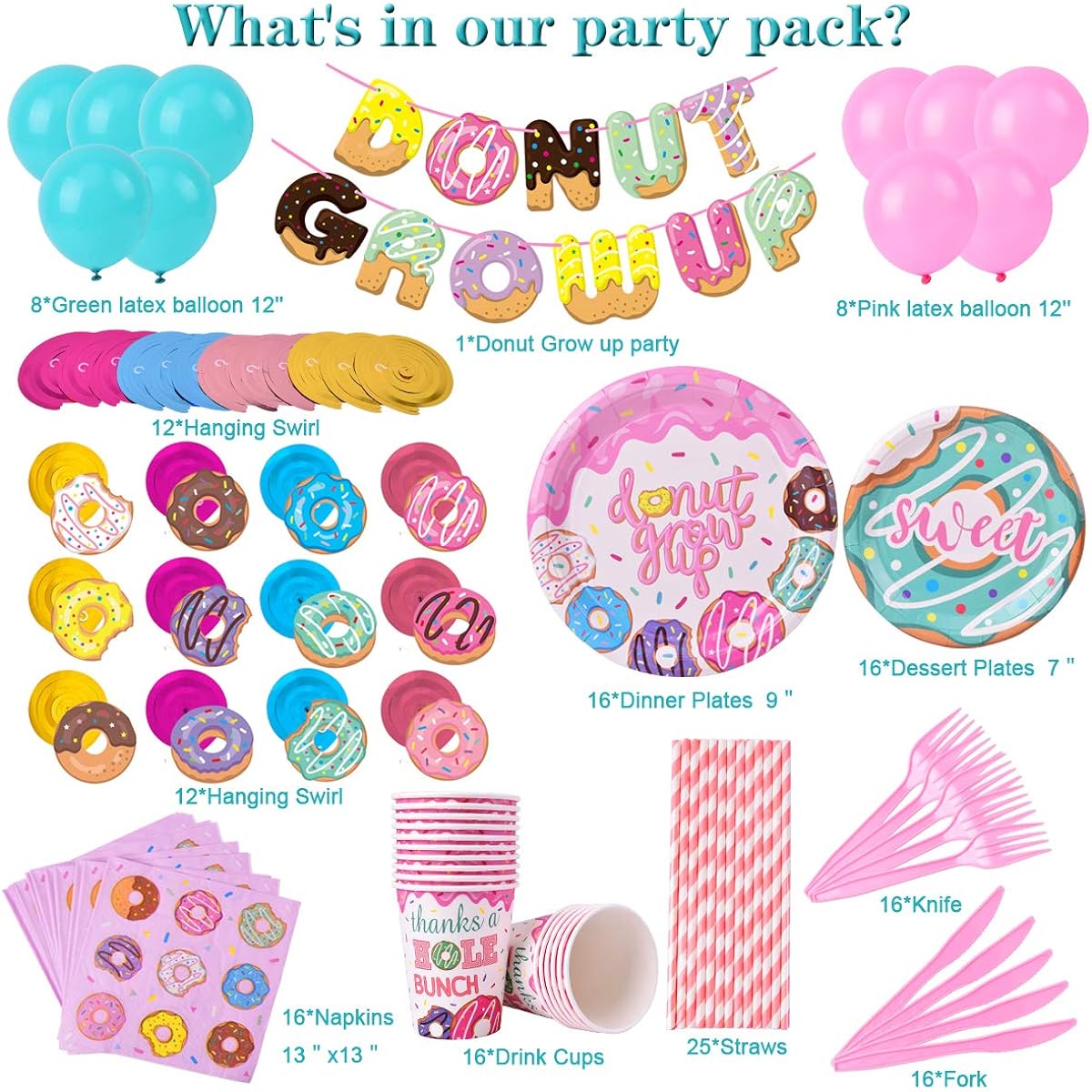 TMCCE Donut Party Supplies Kit, Donut Growing Up Birthday Party Supplies, Donut Paper Plates, Cups, Napkins, Straws, Donut Swirls, Balloons, Donut Party, Pusheen Party, 1st Birthday, Baby Shower, for 16 Guests