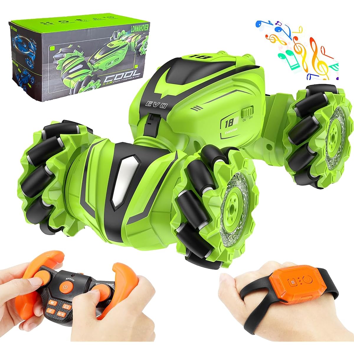 LONMAHOVER Remote Control Car 2.4GHz RC Stunt Car 4WD Buggy Kids RC Drift Car with Lights and Music RC Car for 8-12 Years Old Boys and Girls (Green)