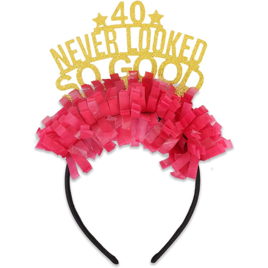 40 Never Looked So Good Birthday Tiara - 40th Birthday Crown Decoration Funny Glitter Colorful Tassel Paper Headgear 40th Birthday Gift for Her Memorial Stone Birthday