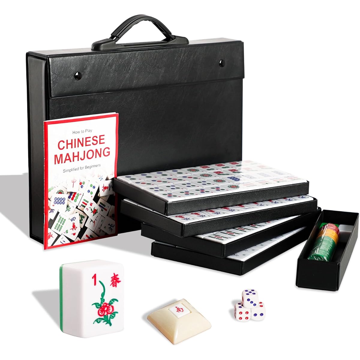 Professional Chinese Mahjong Set 146 Pieces Melamine 1.5" Large Green Mahjong Tiles Durable Case English Instructions Chinese Style Leisure Family Game Set (Mahjong)