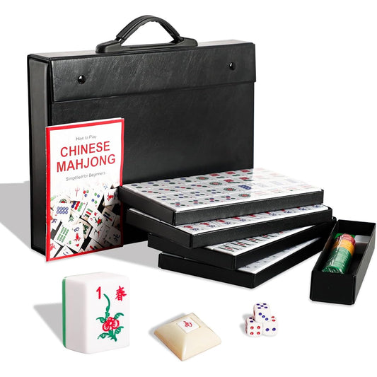 Professional Chinese Mahjong Set 146 Pieces Melamine 1.5" Large Green Mahjong Tiles Durable Case English Instructions Chinese Style Leisure Family Game Set (Mahjong)