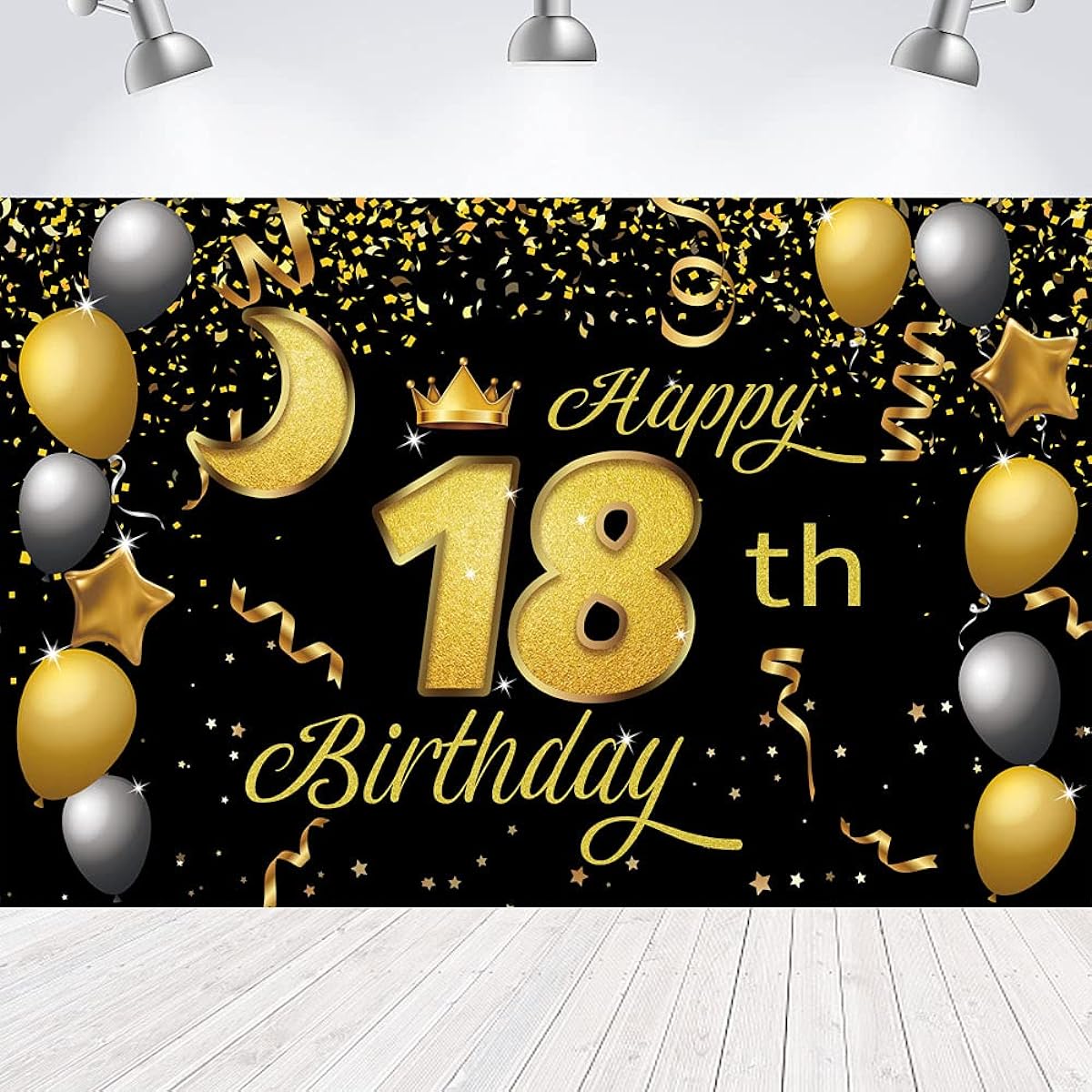Sweet Happy 18th Birthday Backdrop Banner Poster 18th Birthday Party Decorations 18th Birthday Party Supplies 18th Photo Background for Girls Boys Women Men Black Gold 72.8 x 43.3 Inch