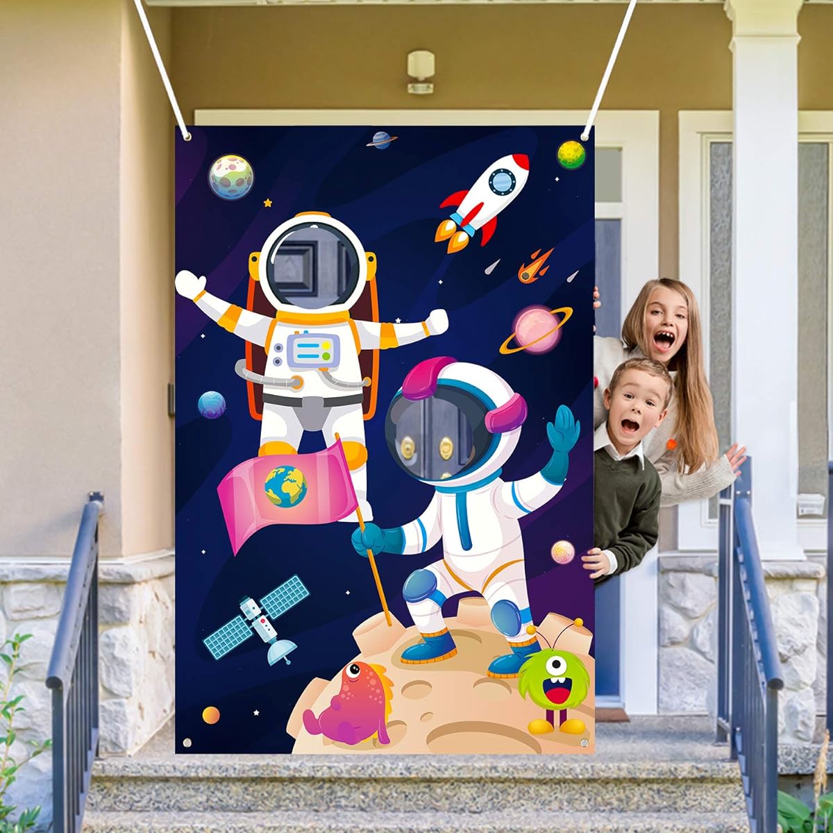 TICIAGA Outer Space Photo Door Banner, Large Polyester Astronaut Face Photo Banner Backdrop Astronaut Pretend Play Party Game Photo Props Background Outer Space Theme Party Supplies