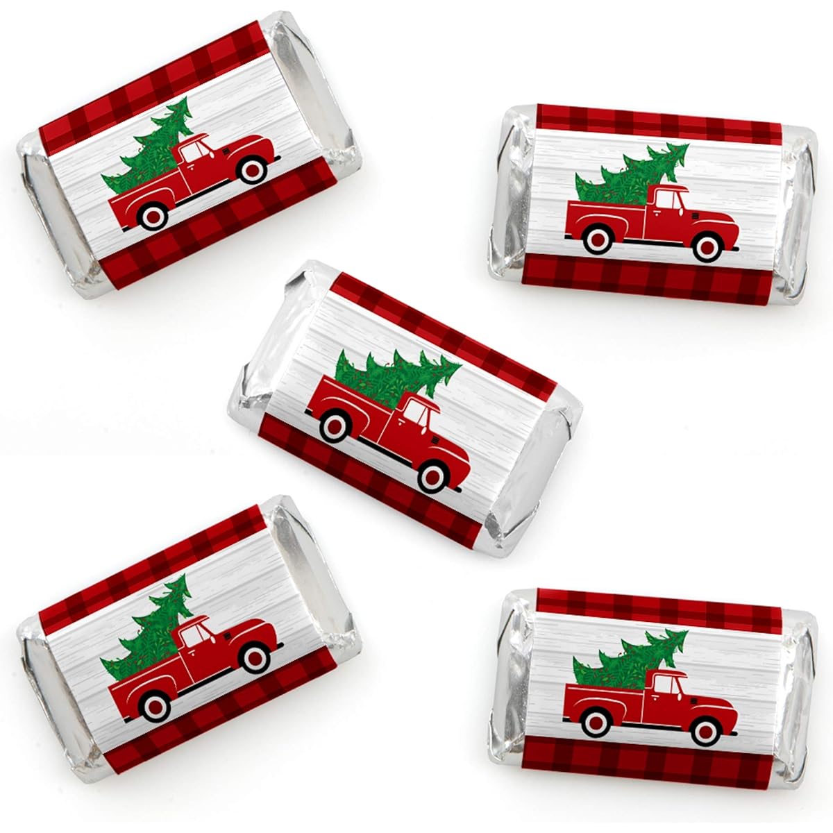 Big Dot of Happiness Merry Little Christmas Tree - Mini Candy Bar Wrapper Stickers - Red Truck Christmas Party Small Favors - 40 Count