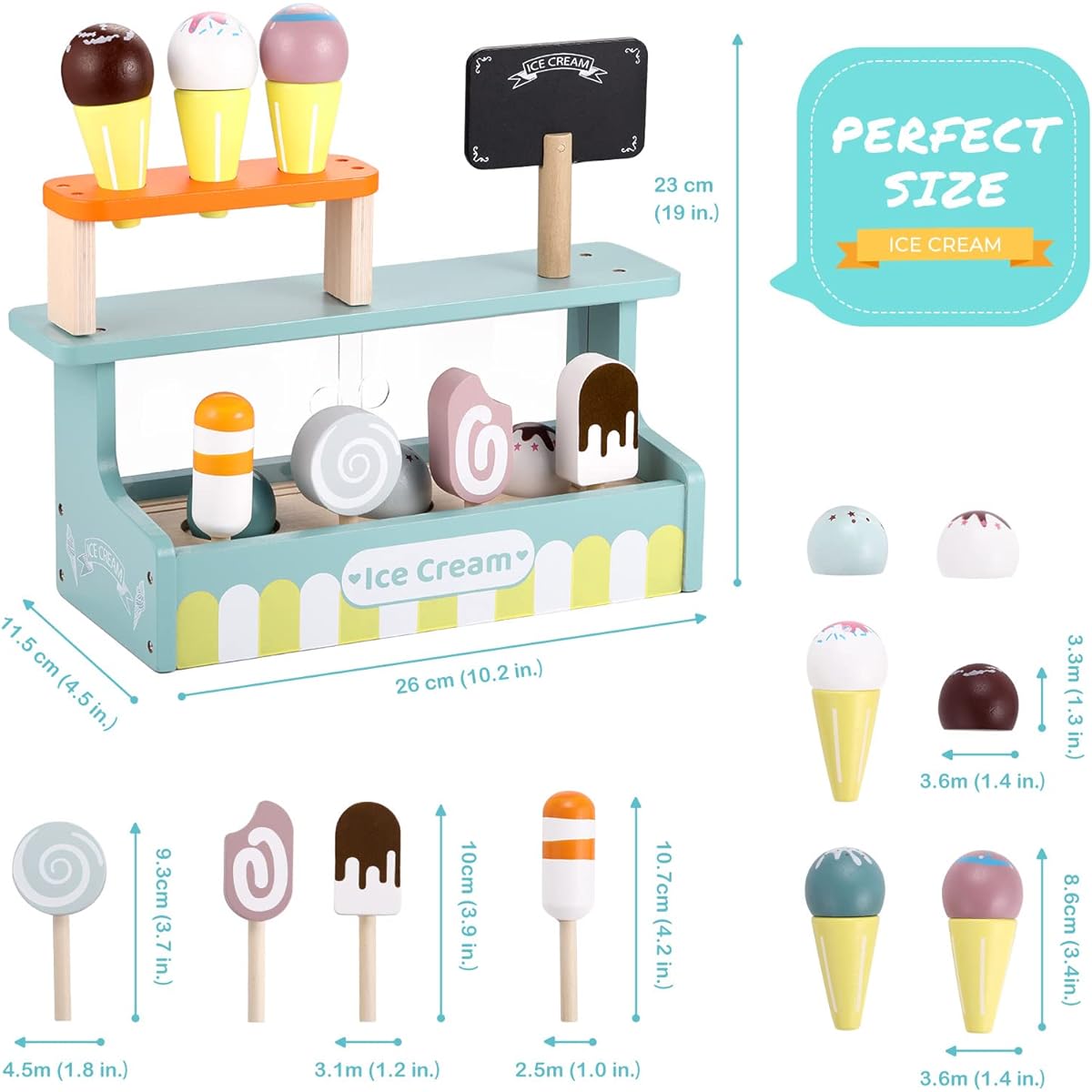 GAGAKU Wooden Ice Cream Set, Wooden Ice Cream Toy, Ice Cream Playset for Kids, 10 Pieces, Ice Cream Toys for Toddlers, Girls, Boys