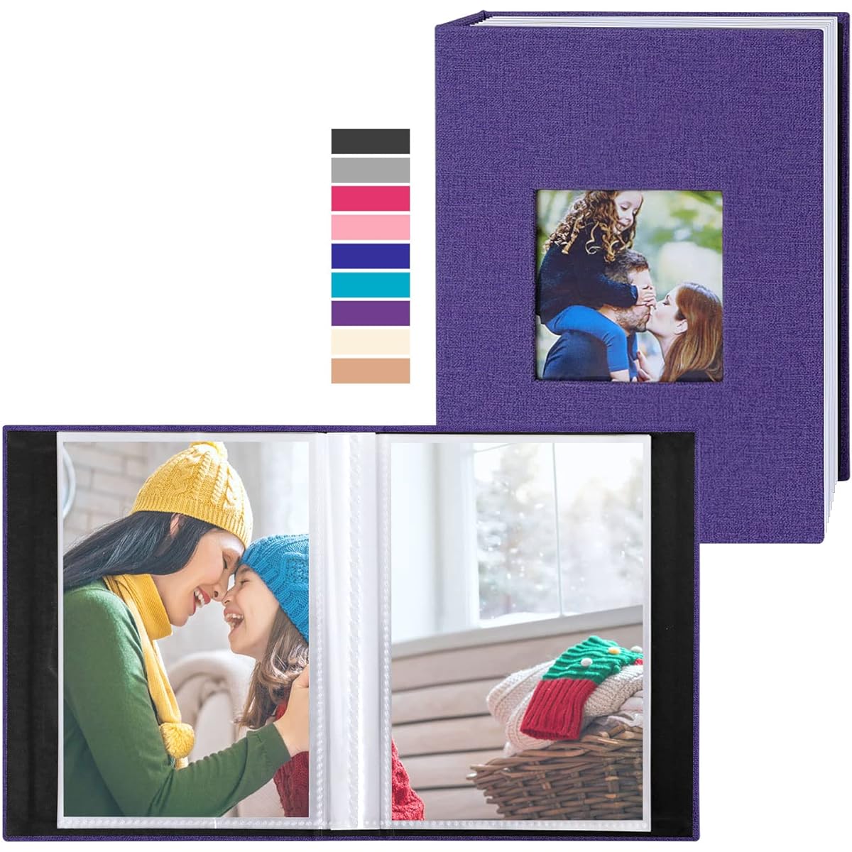 Benjia Small Photo Album 6 x 4 Pack of 2, Each Pack Contains 50 Pockets, Top Loading Mini Linen Photo Albums, Holds 10 x 15cm Photos Only, Purple