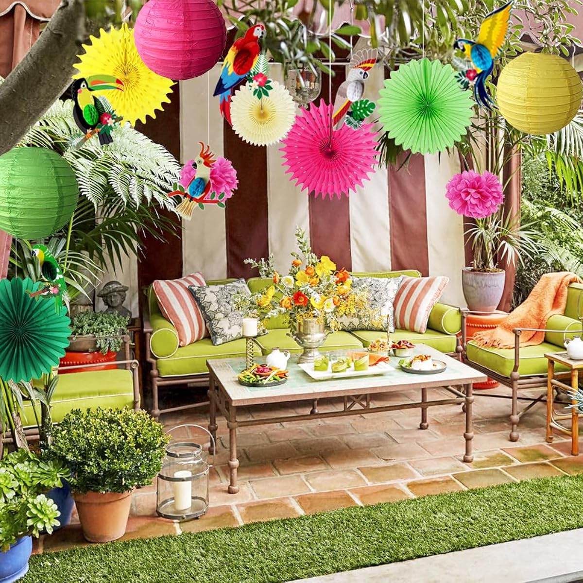 Summer Party Decoration Kit Paper Lantern Decorative Paper Fan Green Yellow Fuchsia Oohami Party Decoration Birthday Home Outdoor Garden
