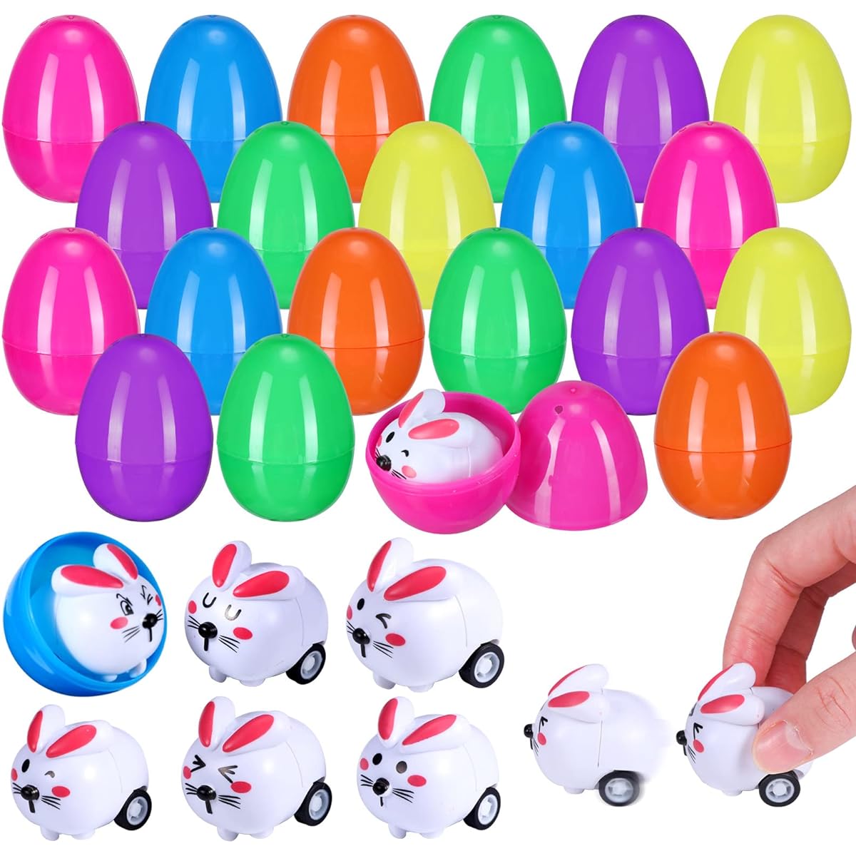 Easter Eggs Set of 30 Mini Pull and Go Easter Bunny Colorful Bright Plastic Fillable Easter Egg Toys Pull Back Car with Bunny Inside Easter Egg Fillers Easter Hunt Party Favors