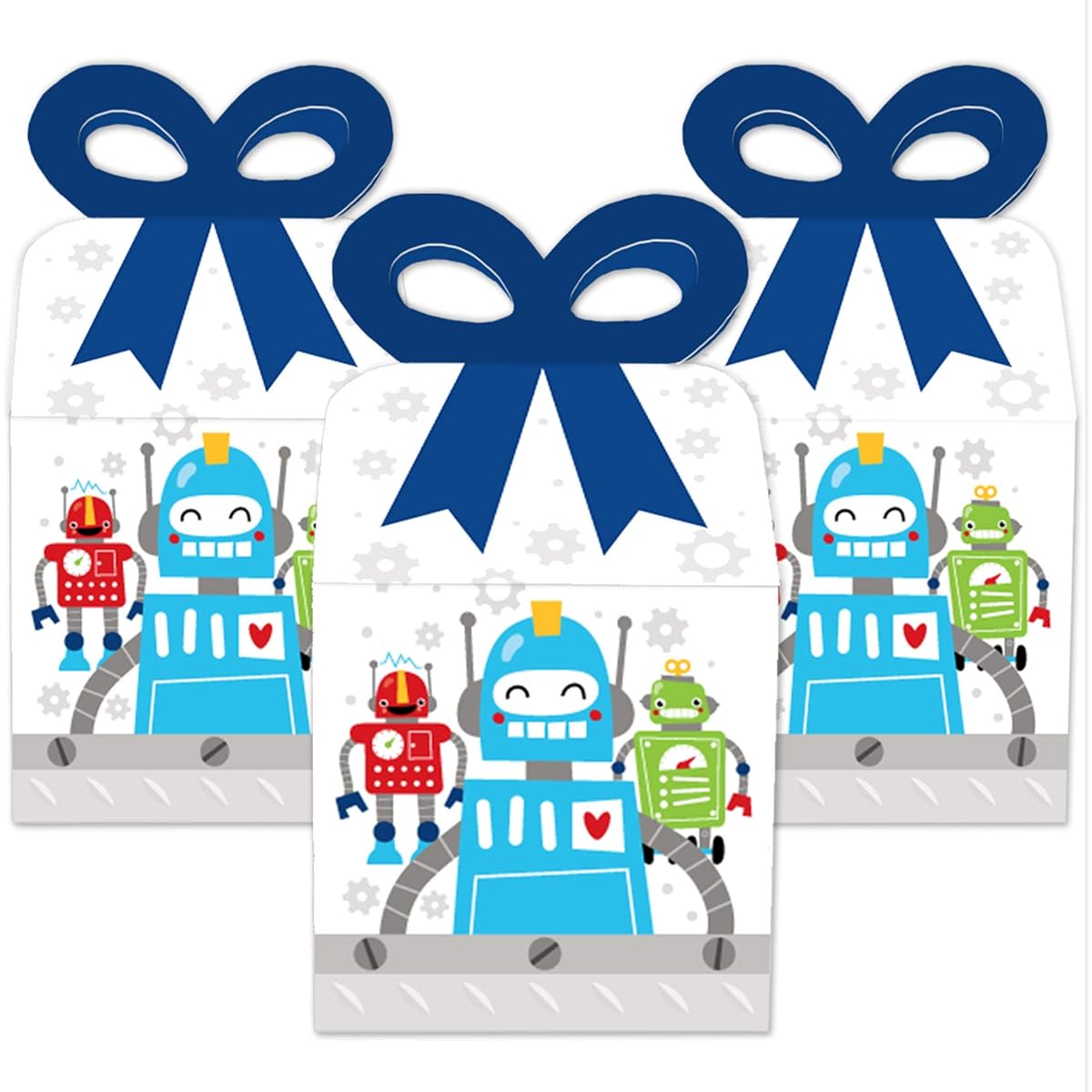 Big Dot of Happiness Gear Up Robots - Square Gift Boxes - Birthday Party and Baby Shower Ribbon Boxes - Set of 12