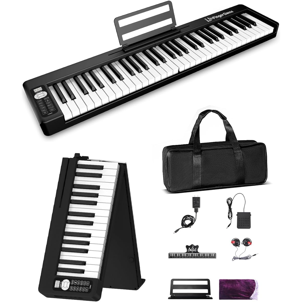 F-X11-61 Key Electronic Piano Keyboard 61 Keys Foldable Portable Wireless MIDI Compatible Beginner Adult Semi-Weighted (Compact, Black)