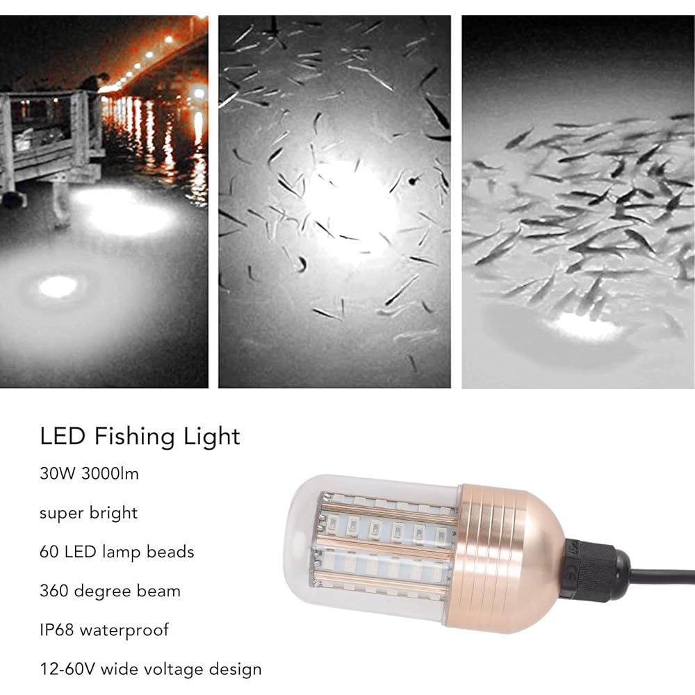 Underwater Fishing Lamp, Diving Fishing Light, Underwater Fishing Lamp, PC and Aluminum Material (White Light), IP68 Protection Level, Night Fishing Parts, Lamp Length 100mm/Diameter 42mm/Cable Length 8m