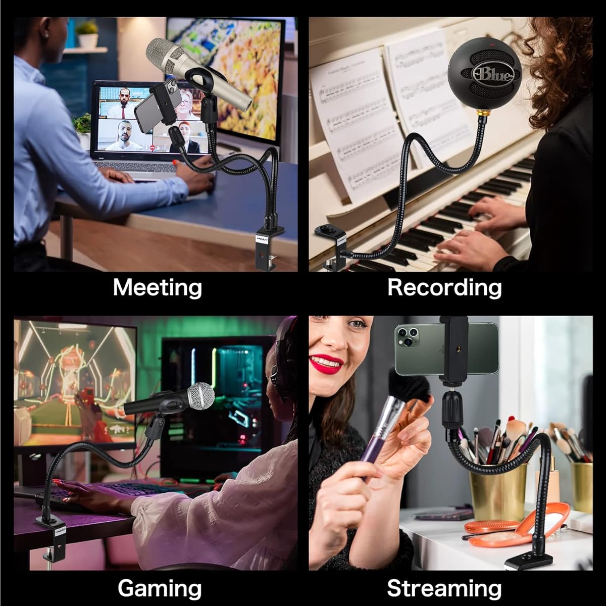 Desktop Microphone Stand 13" Flexible Gooseneck Mic Stand Desk Universal Microphone/Cell Phone Stand Holder with Heavy Duty Desk Clamp Mic Clip 3/8" to 5/8" Thread Adapter for Blue Yeti/Shure/Other Microphones
