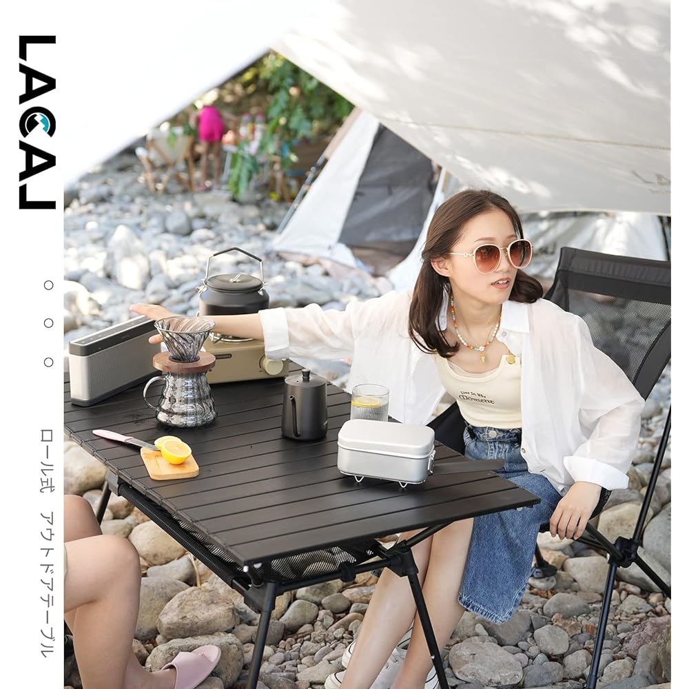 LACAL Outdoor Table, Roll Table, Camping Table, 3 Steps Height Adjustable, Foldable, Width 103cm, Heat Resistant Top Plate, Easy Assembly, BBQ Outdoor Use (M)