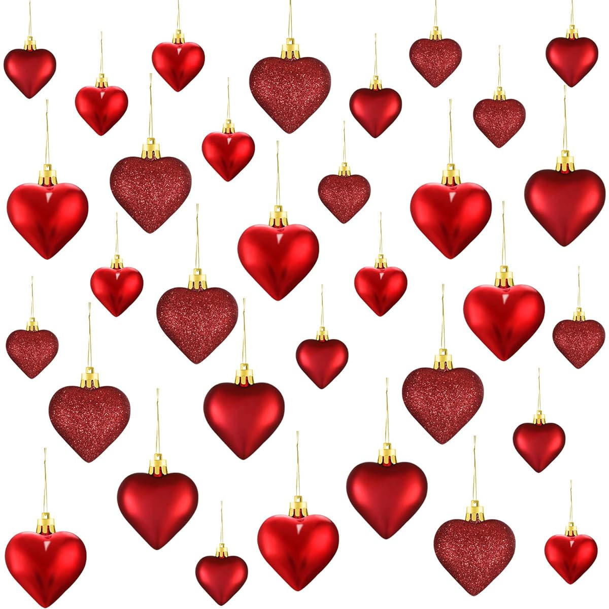 Valentine's Day Heart Ornaments, 3 Heart Baubles, Heart Shaped Christmas Tree Baubles, Heart Hanging Decorations, Valentine's Day, Wedding Anniversary, 2 Sizes (Red, 30 Pieces)