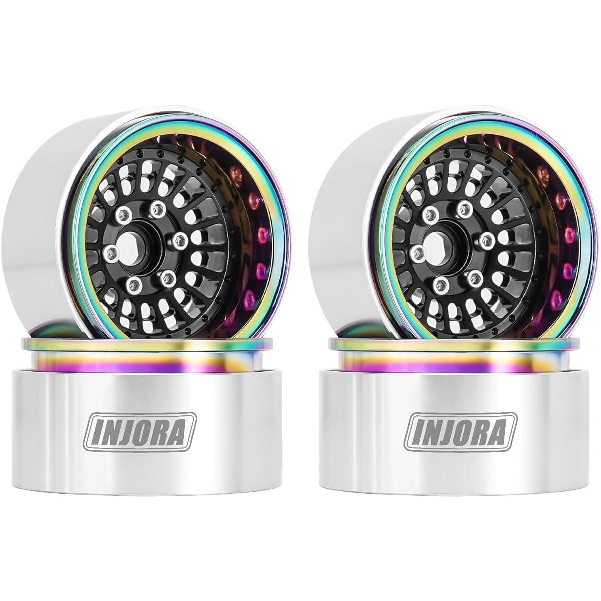 INJORA 1.9" Beadlock Wheel Rim Offset -10mm Aluminum Wheel for SCX10 Pro TRX4 VS4-10 Gen8 1/10 RC Crawler Car (Black Rainbow)