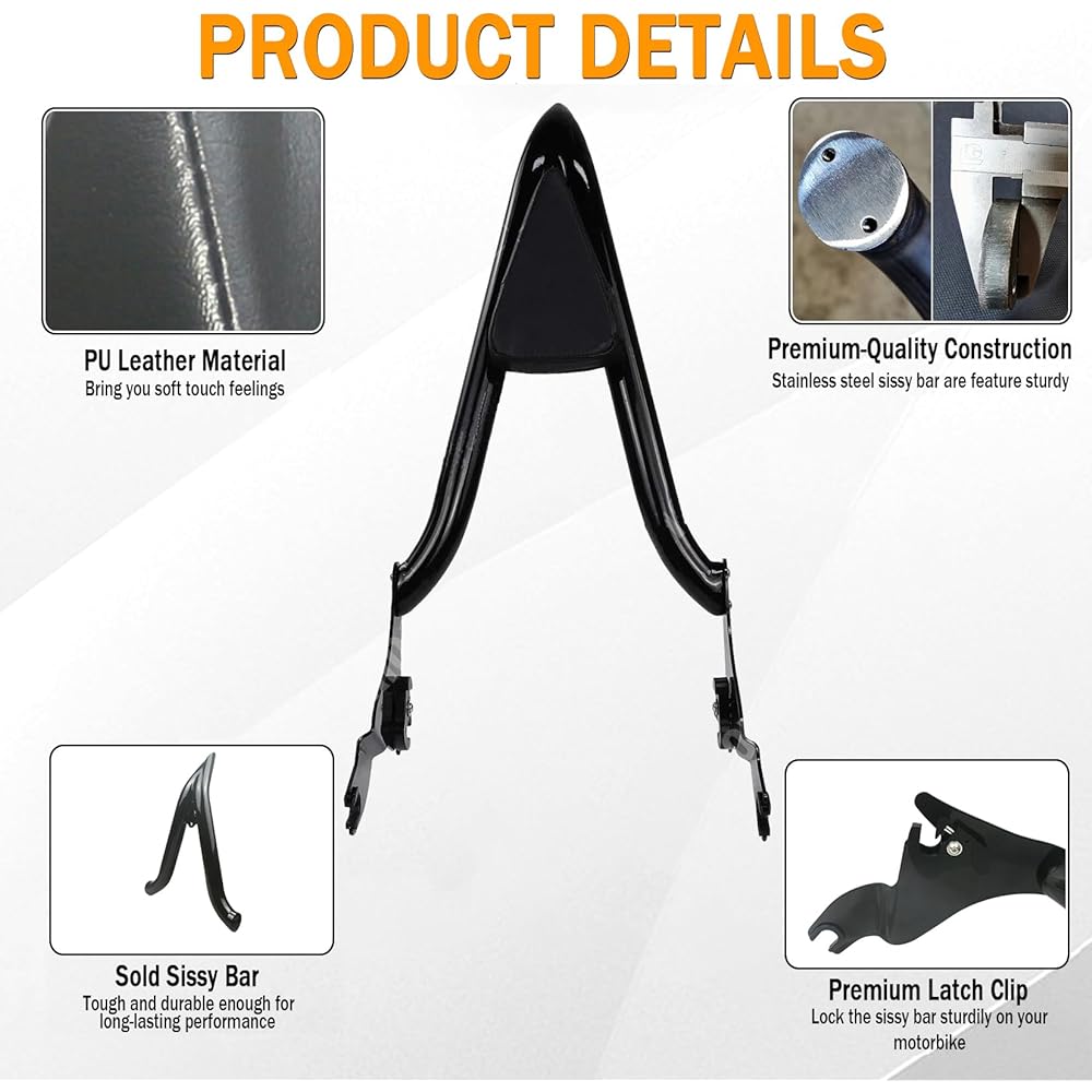26" Tall Black Sissy Bar Removable Passenger Backrest Rear Pad for Harley-Davidson Touring Models 2009-2023 Street Glide Road Glide Electra Glide Road King