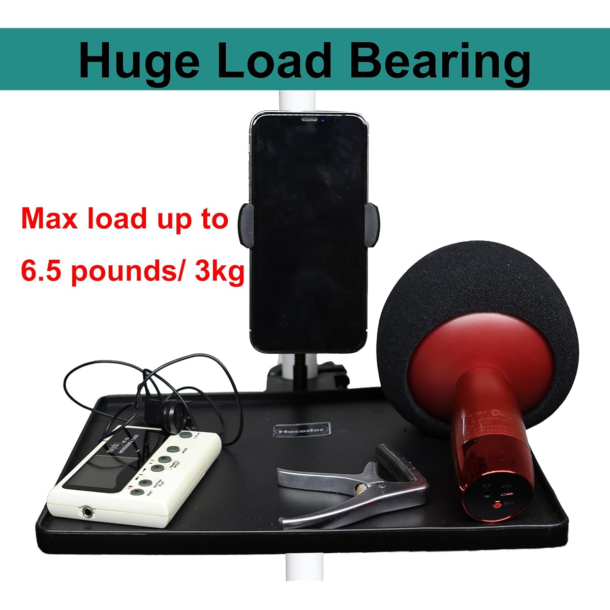 Hocoder Utility Microphone Stand Tray with Phone Holder, Adjustable Microphone Stand Tray Clamp-on Music Seat Stand for Recording/Live Streaming/Karaoke