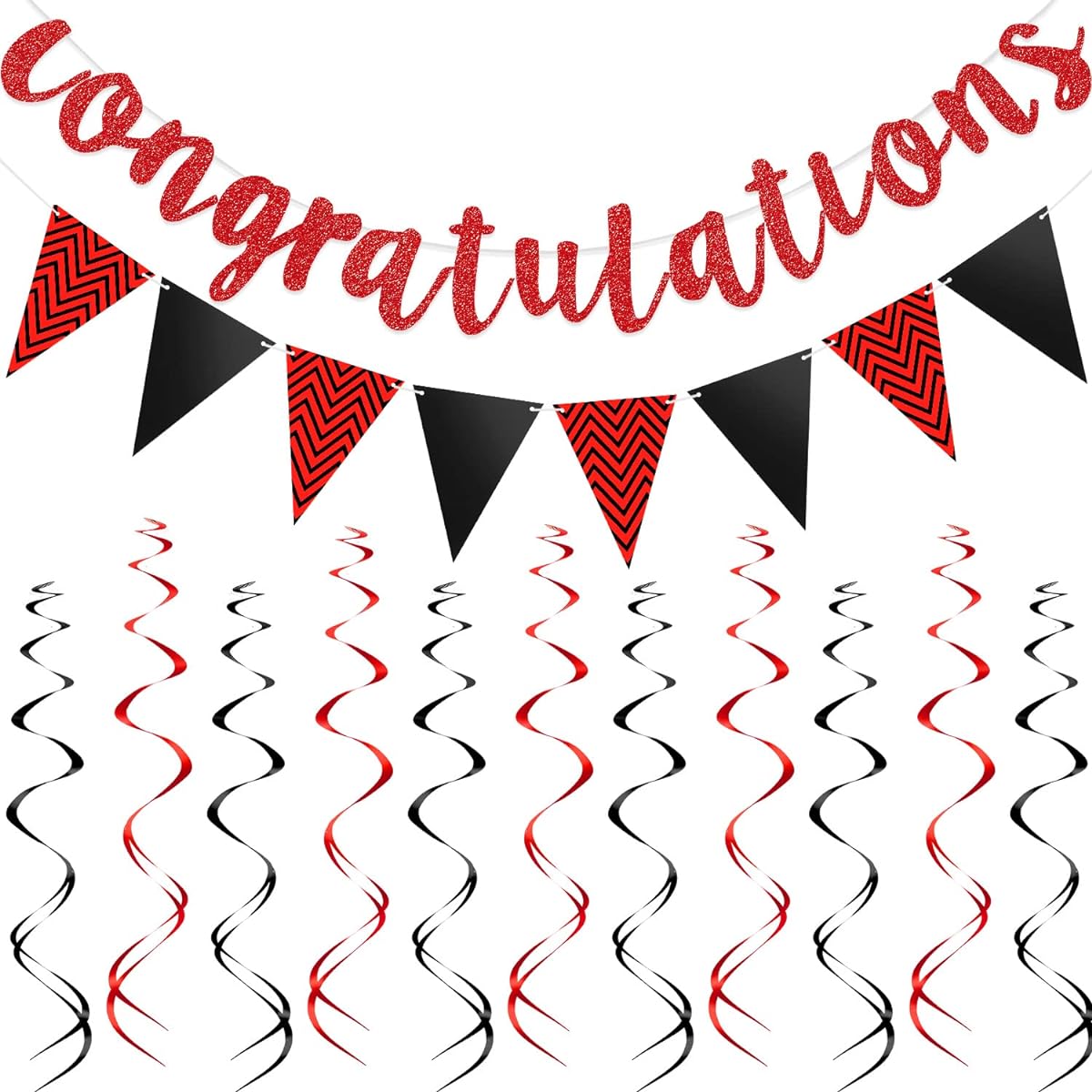 Glitter Congratulations Banner Triangle Flag 12 Drop Swirls Wedding Retirement Graduation Anniversary Party Decoration (Black, Red)