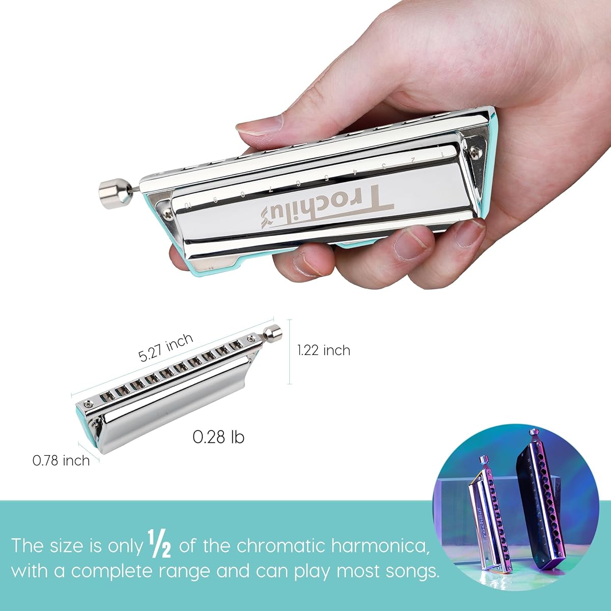 JDR Trochilus 10 Hole Chromatic Harmonica C Harp Mouth Organ with Case for Adults, Professionals, Beginners, and Students (Blues Tuning & Blue)