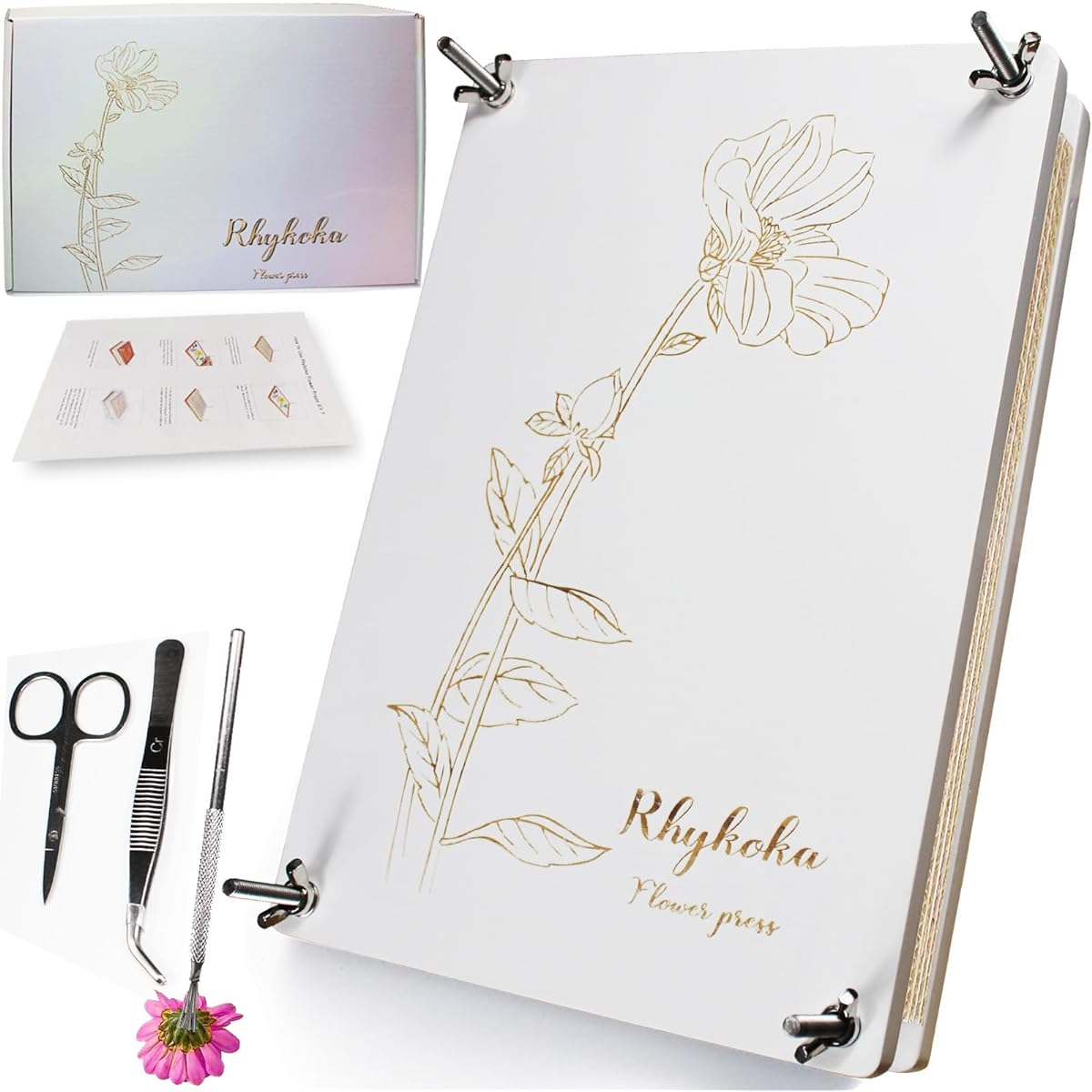 Rhykoka Large Wooden Flower Press Kit 10 Layers 8.3 x 11.8 Inches Natural Solid Wood Flowers Leaves Plants Press Kit for Adults Unique Pattern Design (White)