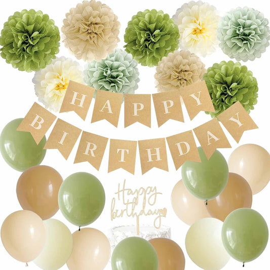 ANSOMO Rustic Sage Green Happy Birthday Party Decorations Eucalyptus Retro Olive Green Tan Khaki Kraft Brown Cream Ivory Nude Blush Decor Supplies Neutral Botanical Green Banner Balloons Pom Poms