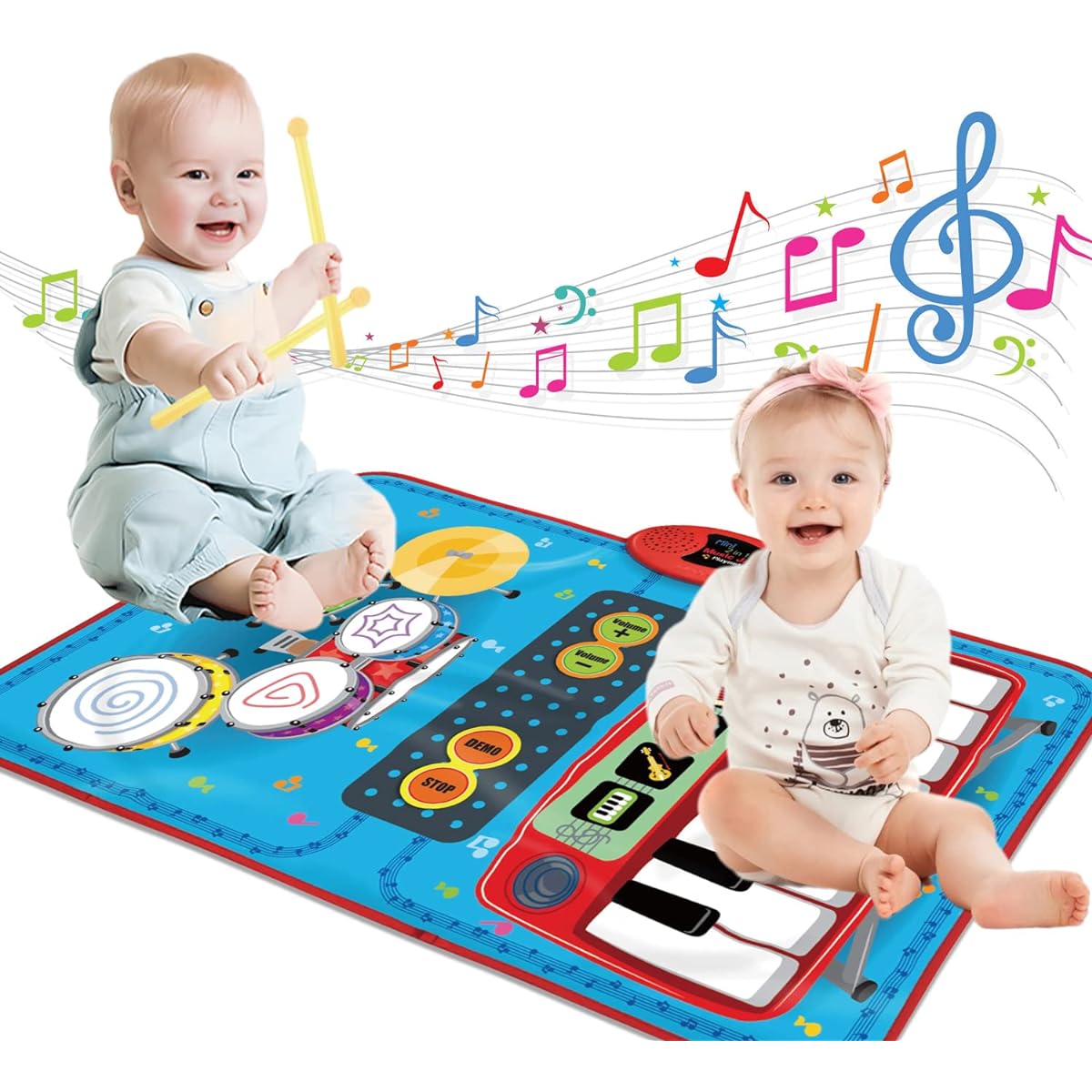 QShark Baby Toys for 1-3 Years Old Boys Girls Piano & Drum Mat 2-in-1 Music Learning Toy for Toddlers with 5 Demo Songs, Instrument Sounds, Volume Control, Birthday Gift for 12 Months+ Boys & Girls