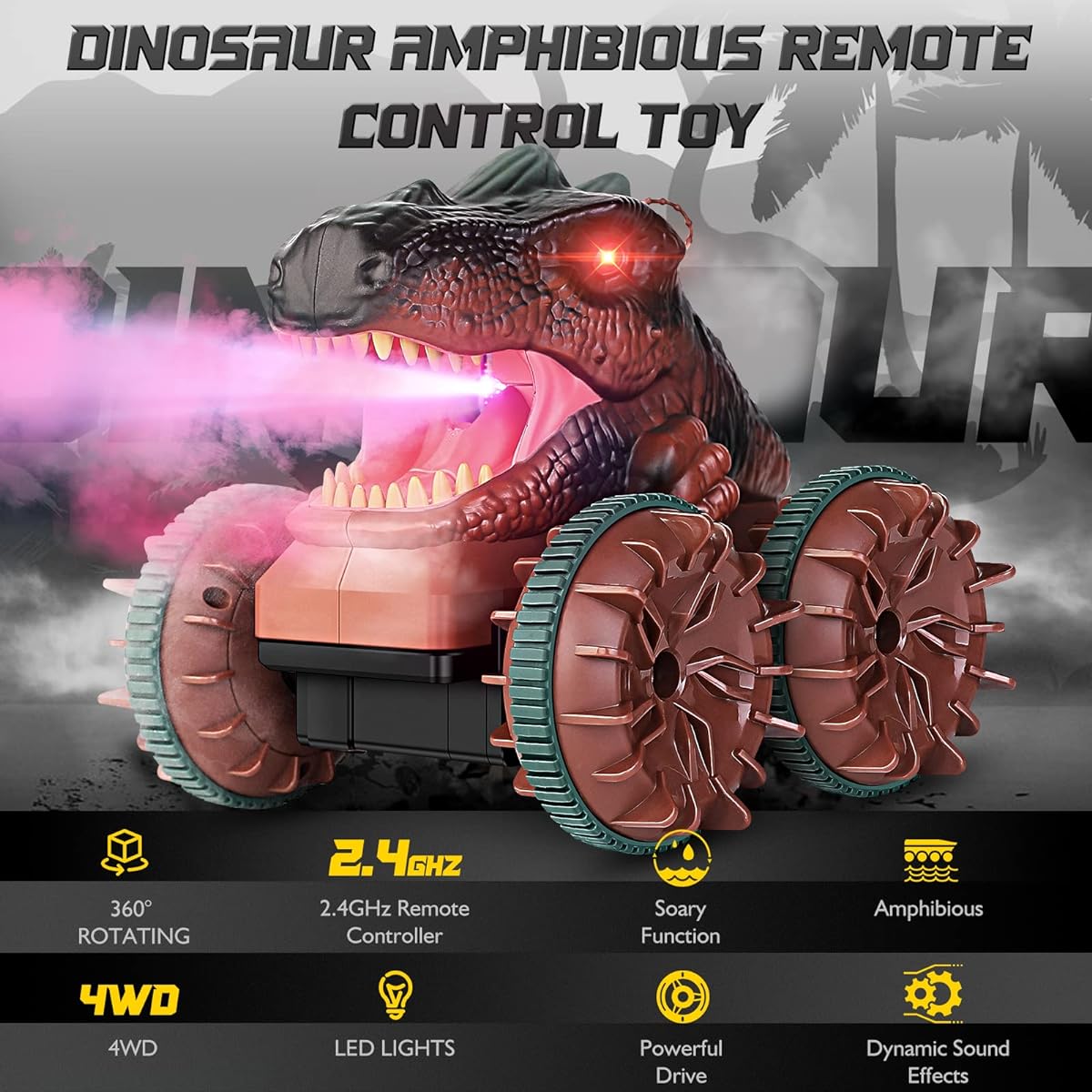 LELETAM Dinosaur Monster Truck for Boys 4-7 2.4Ghz Amphibious Remote Control Car with Light & Spray Function Waterproof RC Boat Summer Beach Pool Gift Dinosaur Toys for 3-5 8-12 Year Old Boys/Girls