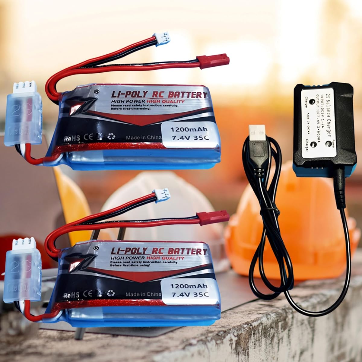 2pcs x 1200mAh 2S 35C SCX24 LiPo Battery with PH2.0 & JST Plug and USB Charger for WLtoys A949 A959 A969 A979 K929 1/10 1/16 1/18 1/24 RC Car