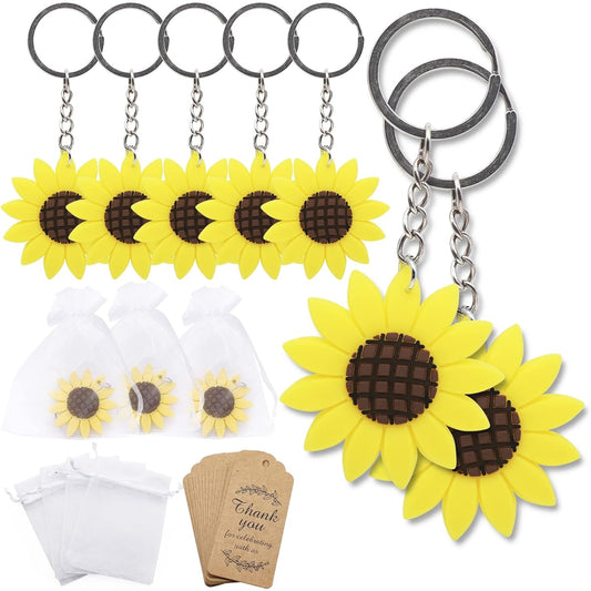 12 Pack Summer Sunflower Keychains Goodie Gifts Thank You Kraft Tags and White Gift Bags Kids Birthday Party Supplies