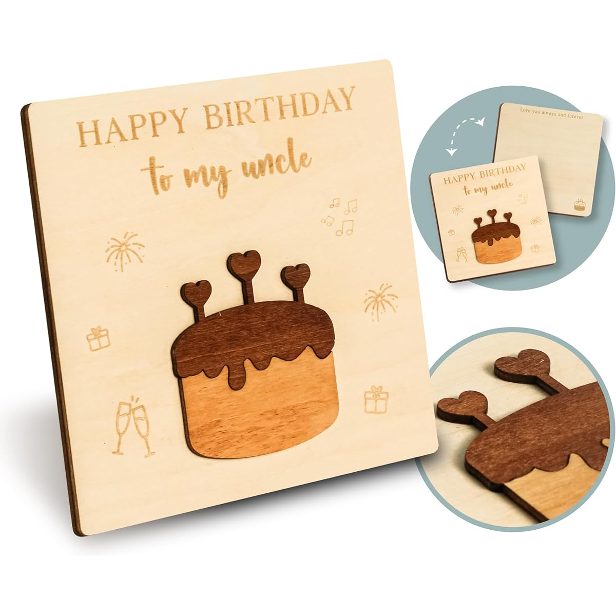 WOODAMORE Niece Nephew Uncle Birthday Card - Happy Birthday Uncle Card Wooden Uncle Birthday Gift Greeting Birthday Card for Uncle