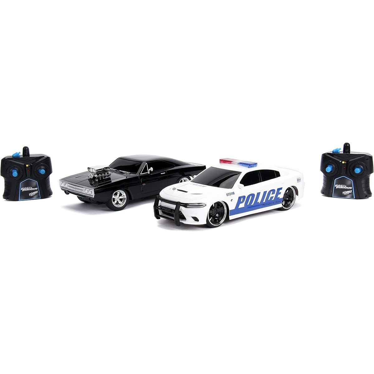 Jada Fast & Furious Chase Twin Pack - Dom's Dodge Charger R/T & Dodge Charger SRT Hellcat, Police & Chase Car Rc, USB Charging Black & White