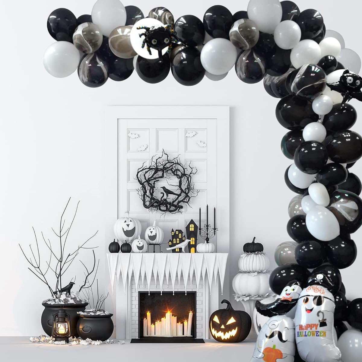 Halloween Decoration Balloon Arch Garland Kit Black White Black Agate Latex Balloons Spider Balloons Bat Ghost Aluminum Balloons Halloween Kids Birthday Party Decoration Supplies