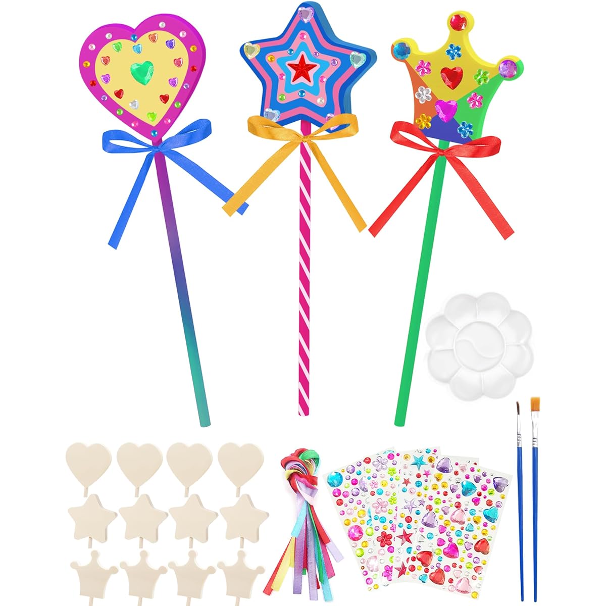 Benvo Princess Fairy Wand Kit Heart Tiara Starwood Wand Unfinished Wooden Crafts Wood Magic Wand Gem Stickers Ribbon Paint Brush Girls Party Supplies Art Craft Projects 12 Pieces