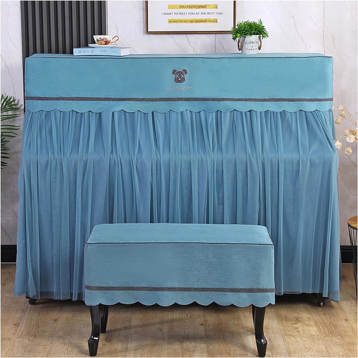 Thick European style piano cover, piano stool cover, lace upright piano cover, modern simple, soft, 360° dustproof, washable, a gift for the family, easy to use (Color: C)