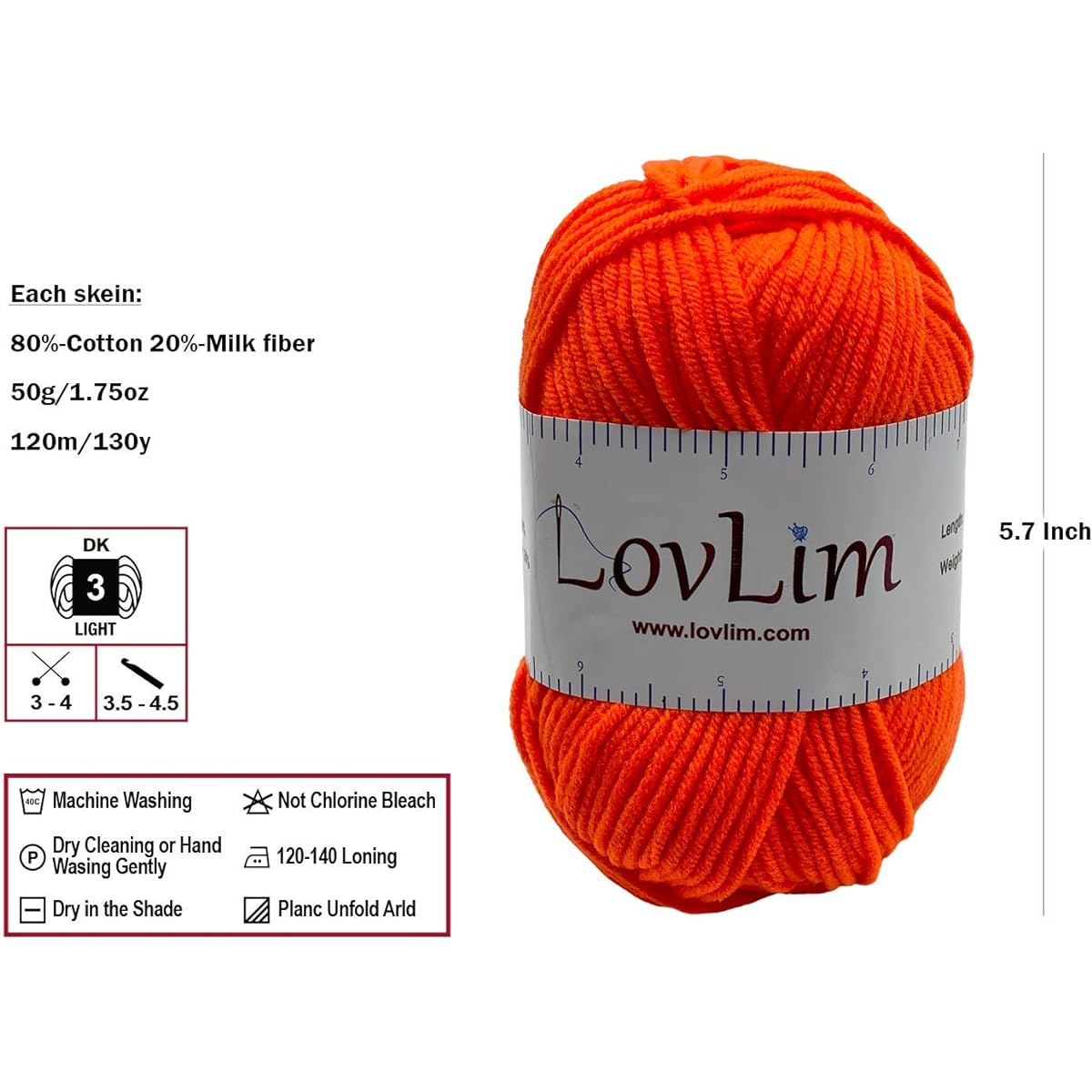 LovLim Yarn Pack 50g 2 Skeins Each Soft Cotton Yarn for Crocheting and Knitting Craft DK Amigurumi Yarn (Bright Orange)