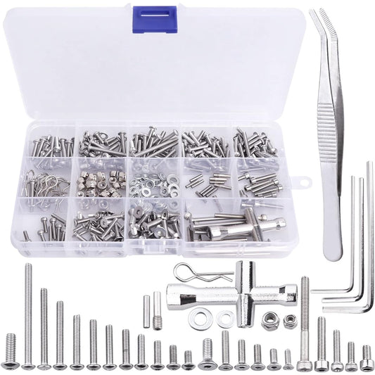 AllinRC 286 Pieces RC Screw Kit M2.5 M3 M4 Hex Screw Washer Lock Nut Body Clip Wheel Pin Cross Wrench Hardware Fastener for 1/10 Traxxas Slash 4x4 2WD