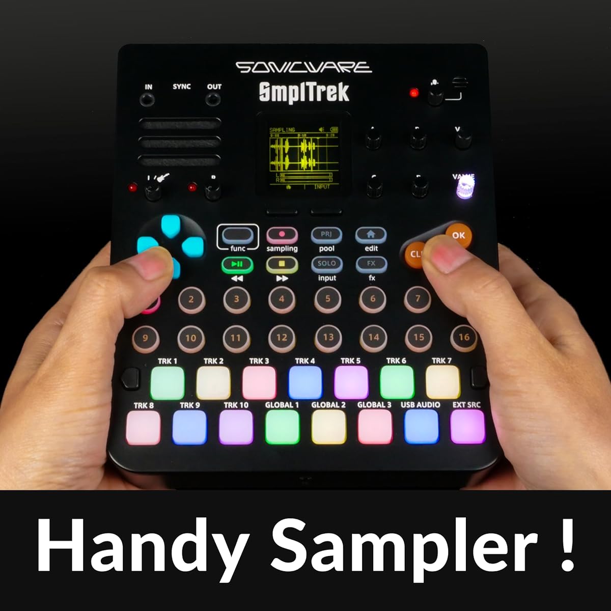 SONICWARE SmplTrek [Portable Production Sampler] 15 touch-sensitive full-color LED pads, built-in microphone and built-in speaker, battery powered, USB audio interface