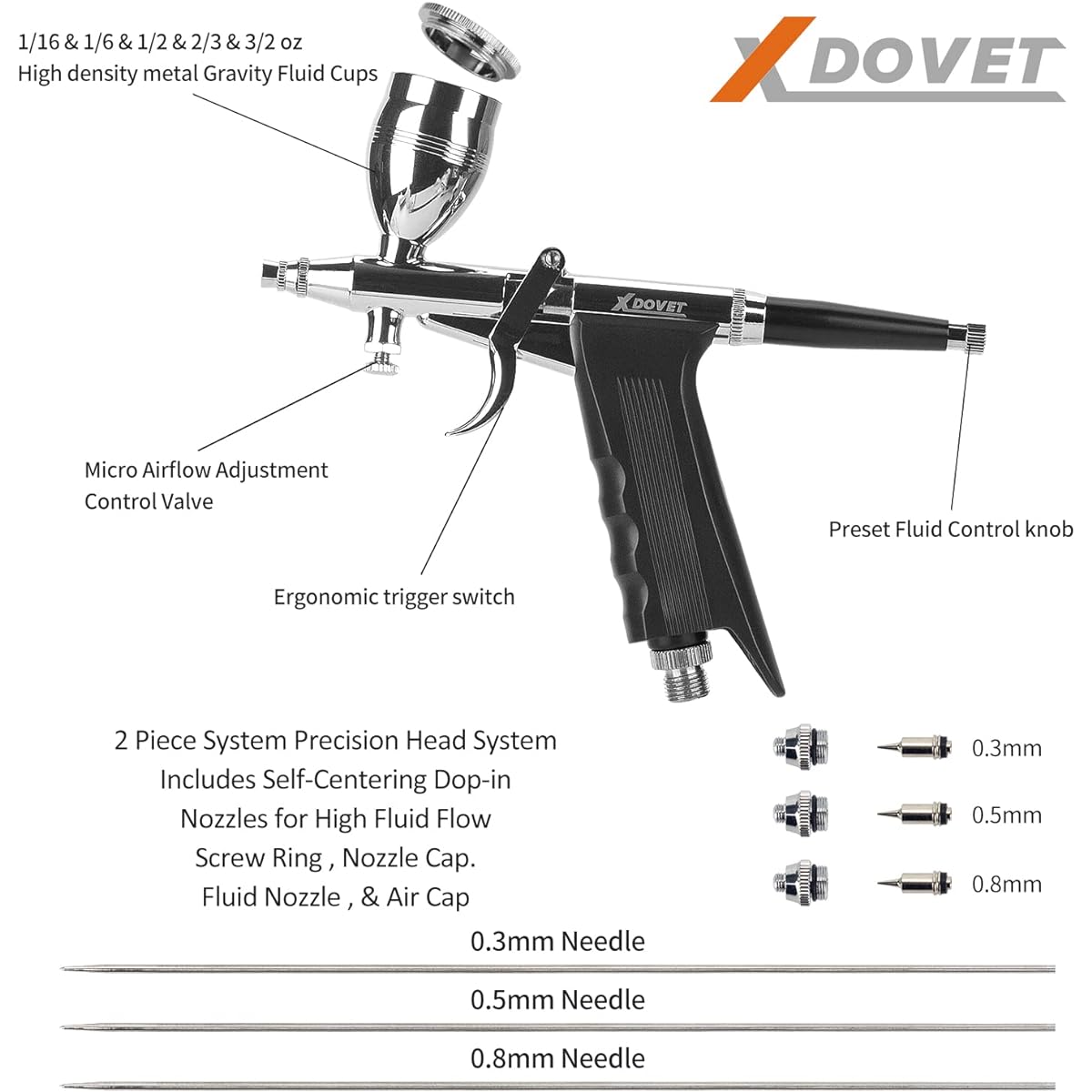 XDOVET Dual Action Trigger Airbrush Kit Airbrush Paint Set with 0.3mm/0.5mm/0.8mm Needle 2cc/5cc/13cc/20cc/40cc Paint Cup Air Hose for Tattoo/Makeup/Nail/Model/Art Hobby for Professional & Beginner